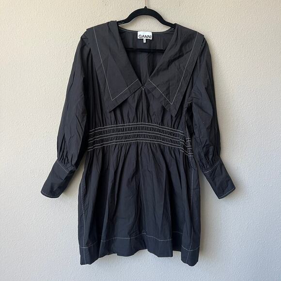 GANNI Black Organic Cotton Poplin Mini Dress Size M - Picture 2 of 4